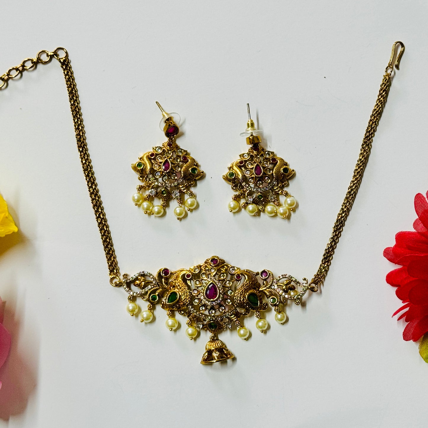 Antique Golden Choker Necklace and Earrings ph62