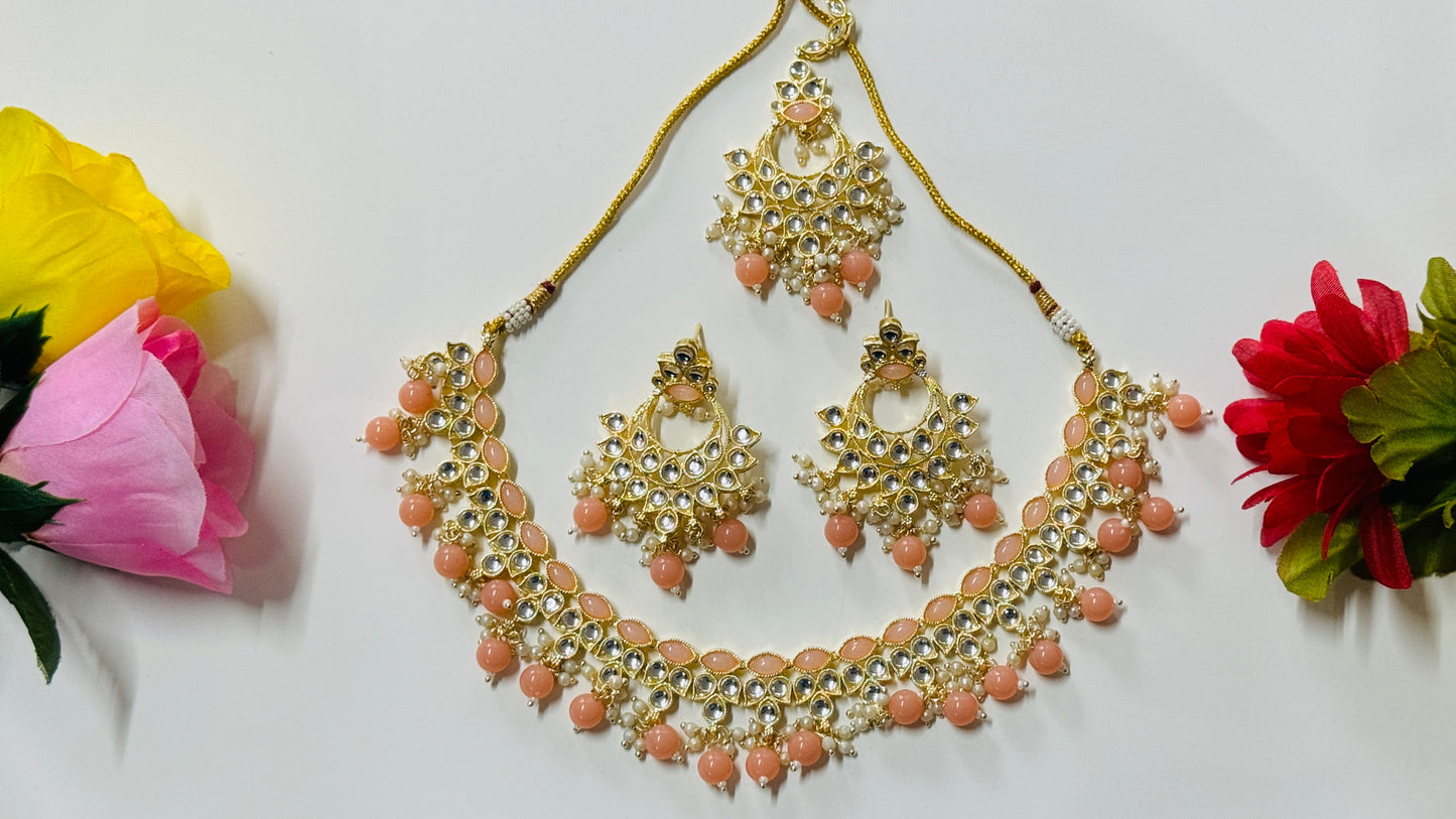 Golden Kundan Necklace with Earrings and Tikka ph77