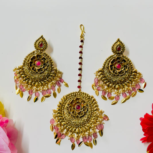 Antique gold plated Earrings and Tikka ph49