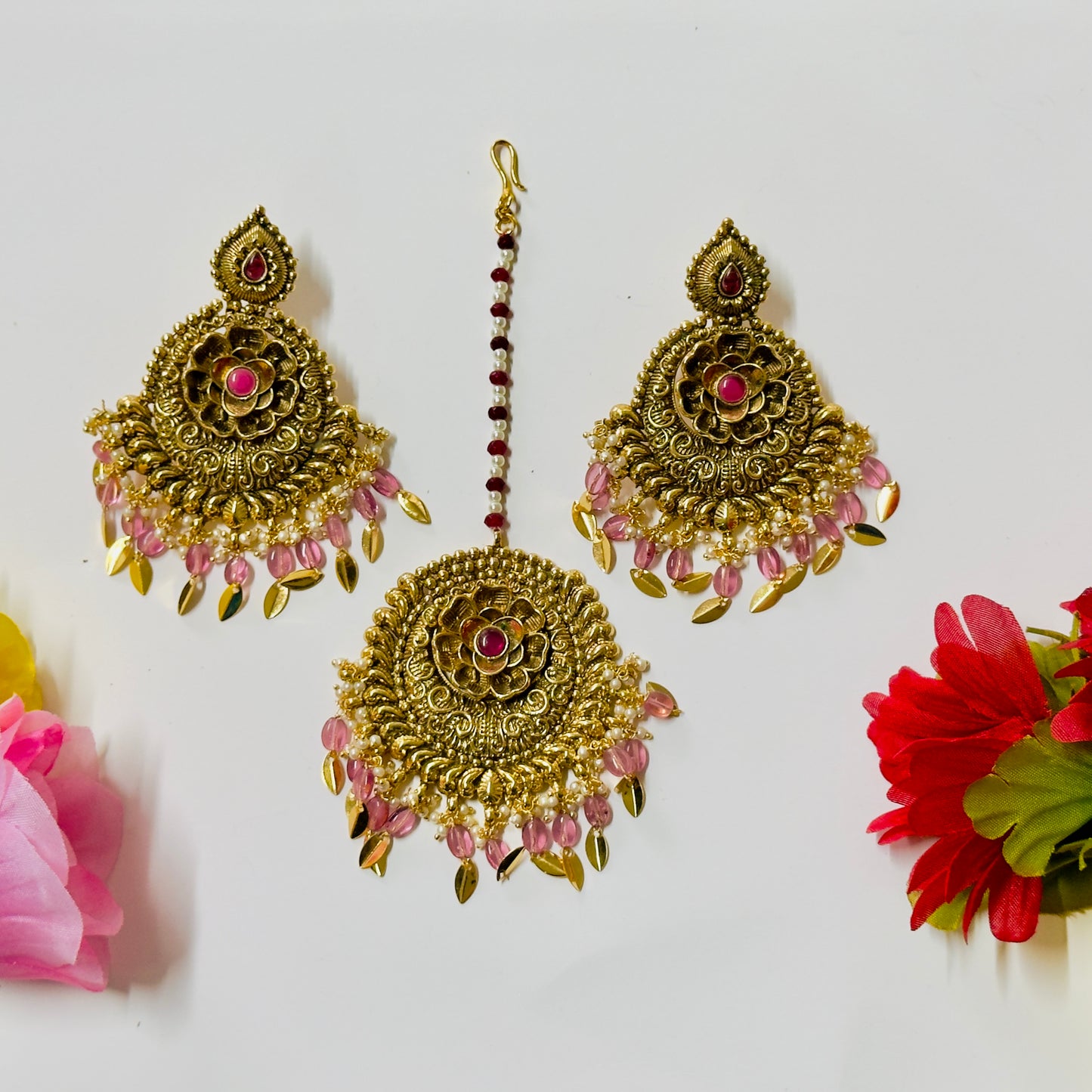 Antique gold plated Earrings and Tikka ph49